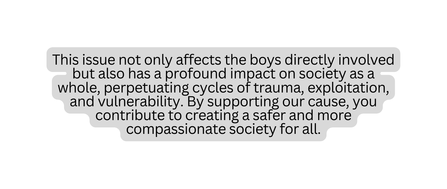 This issue not only affects the boys directly involved but also has a profound impact on society as a whole perpetuating cycles of trauma exploitation and vulnerability By supporting our cause you contribute to creating a safer and more compassionate society for all