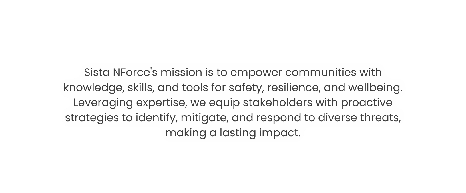 Sista NForce s mission is to empower communities with knowledge skills and tools for safety resilience and wellbeing Leveraging expertise we equip stakeholders with proactive strategies to identify mitigate and respond to diverse threats making a lasting impact